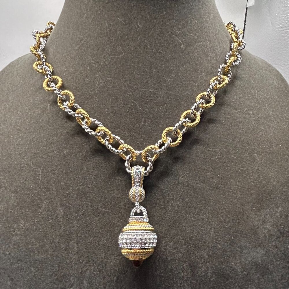 Silver & Gold Twisted Rolo Link Necklace with Pave Crystal Ball Pendant!